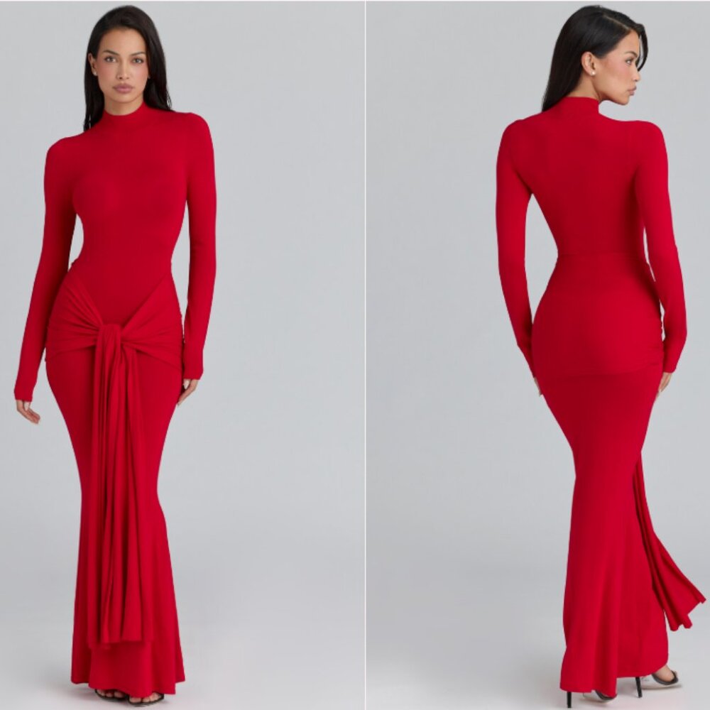 House of CB IMOGEN Scarlet Red Hip Drape Maxi Dress NWT